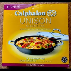 Calphalon Unison Hard Anodized nonstick 12” pan with a cover.